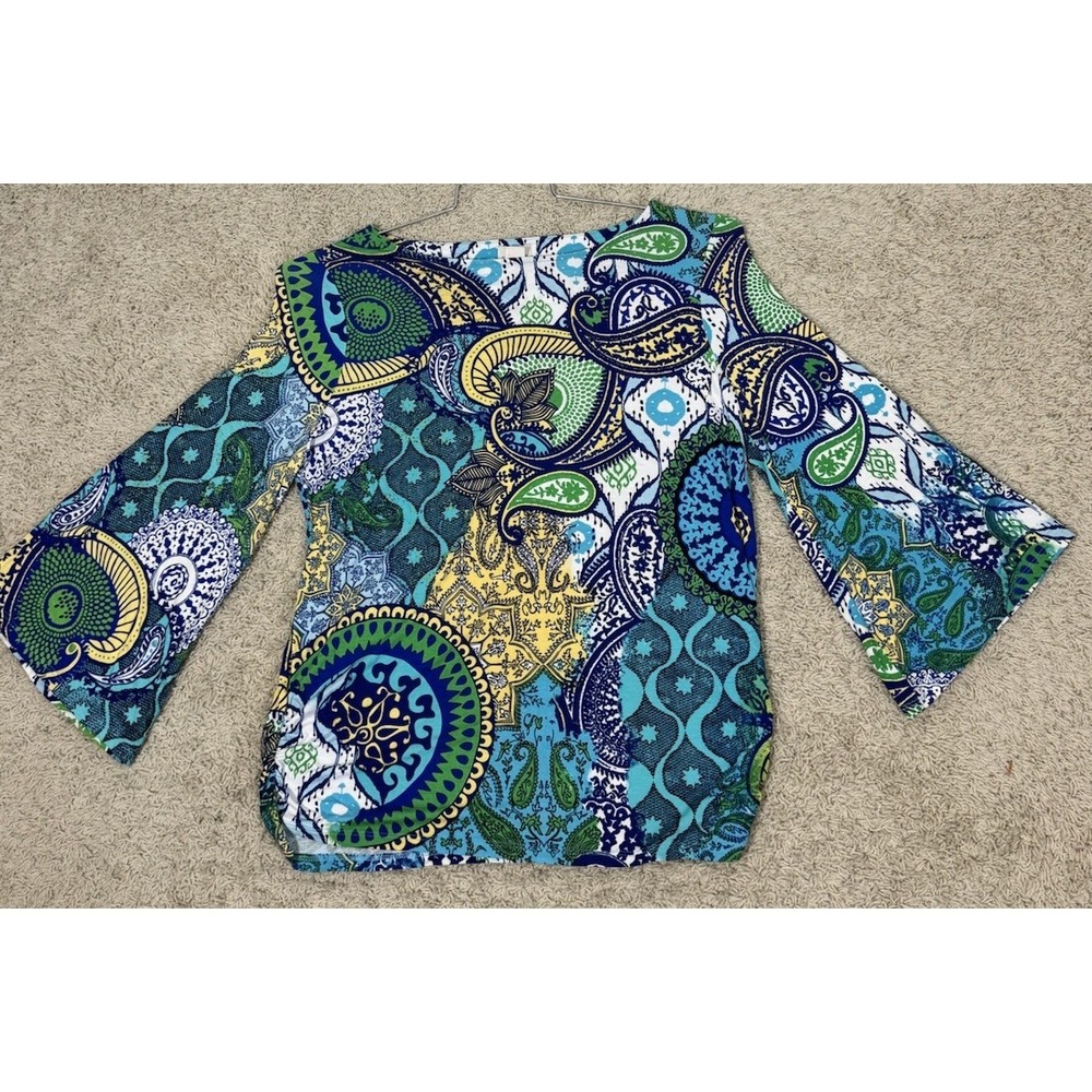 Chicos Colorful Paisley Boat Neck‎ Top Ruched Sides Bell Sleeves Size 1/M Resort